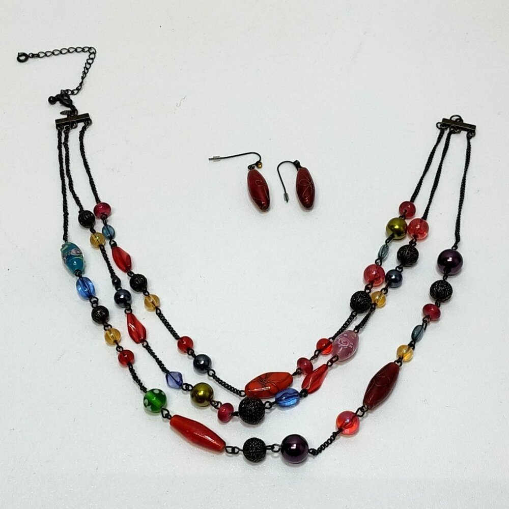 Avon Trio Chain Necklace Dangle Earrings Multicolor Art Glass Beads Boho Hippie
